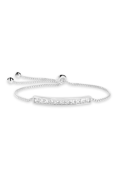 Sterling Forever Rhodium Plated Brass Inlaid Cz Bar Bolo Bracelet In Silver