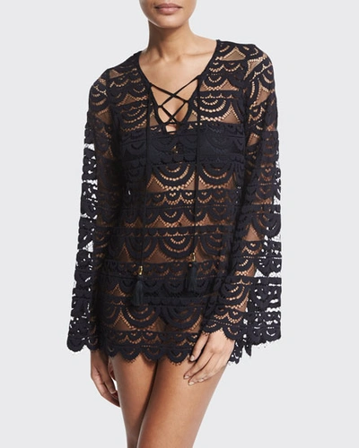 Pq Swim Noah Crocheted Tunic Coverup, Black/gold