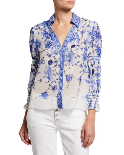 Alice And Olivia Cosima Printed Smocked Tiered Sleeve Blouse In Forget Me Not Mul