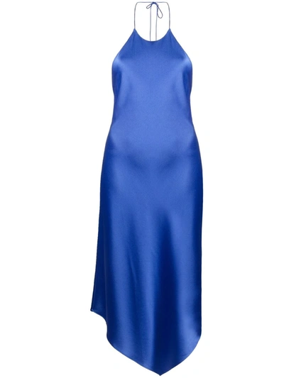 Alice And Olivia Francene Halter Neck Asymmetrical Hem Satin Slipdress In Cobalt