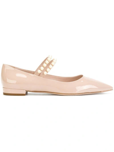 Miu Miu Faux Pearl-embellished Patent-leather Point-toe Flats In Cipria