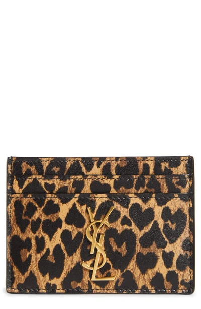 Saint Laurent Ysl Monogram Leopard Print Leather Card Case In Toffee/natural