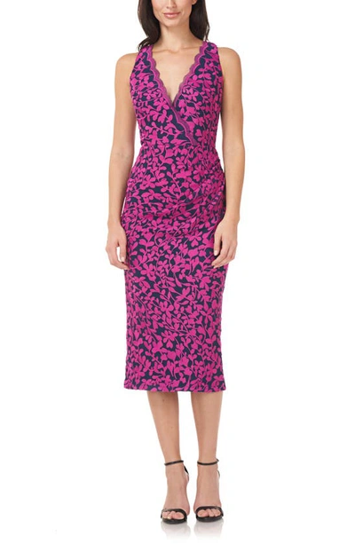 Js Collections Floral Embroidery Wrap Front Sheath Midi Dress In Magenta/ Midnight