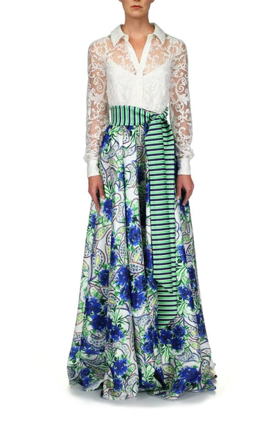 Badgley Mischka Mixed Media Long Sleeve Lace & Print Gown In Blue Multi