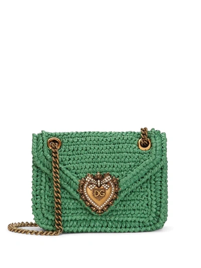 Dolce & Gabbana Devotion Small Embellished Raffia Shoulder Bag In Green