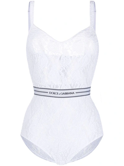 Dolce & Gabbana Stretch Lace Bodysuit W/ Logo Waistband In White