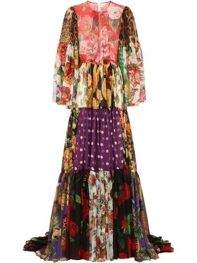 Dolce & Gabbana Long Chiffon Dress With Mixed Patchwork Prints In Multicolor