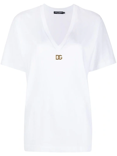 Dolce & Gabbana Metal Logo Cotton Jersey V-neck T-shirt In White
