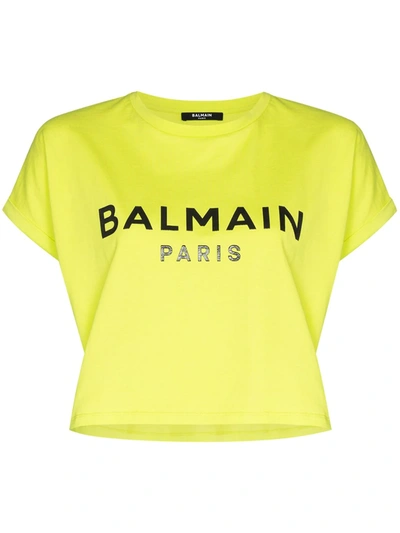 Balmain Cropped Printed Logo T-shirt In Green