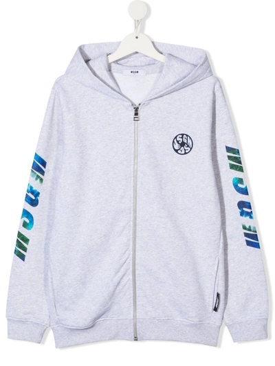 Msgm Kids' Logo Print Zip-up Hoodie In Grigio Mel. Chiaro