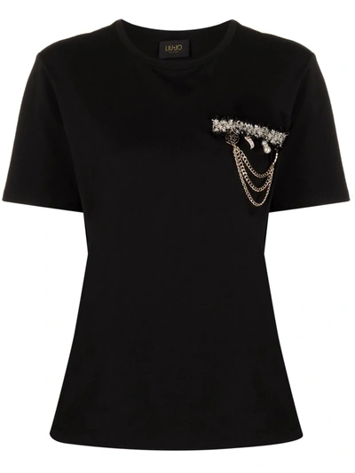 Liu •jo Appliqué-detailed Cotton T-shirt In Black