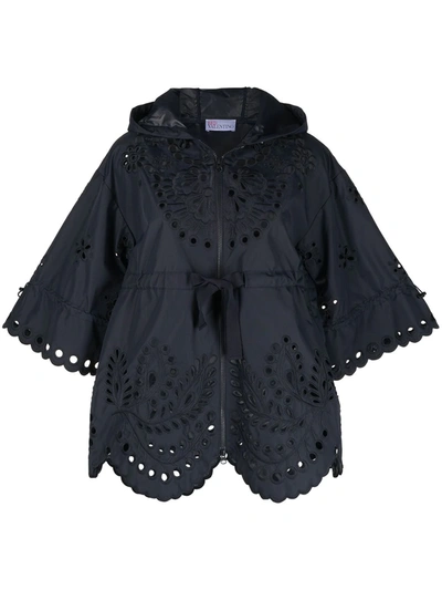 Red Valentino Embroidered Eyelet Nylon Canvas Hooded Pea Coat In Dark Blue