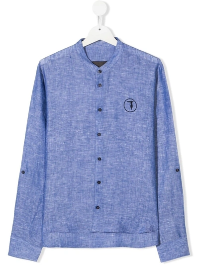 Trussardi Junior Kids' Logo Embroidered Long-sleeve Shirt In Blue