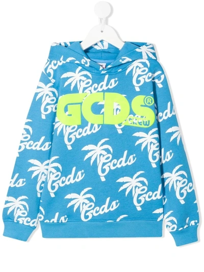 Gcds Teen Logo-print Cotton Hoodie In Blue