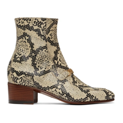 Gucci Black & Beige Python Interlocking G Chain Ankle Boots In 9719 Beige