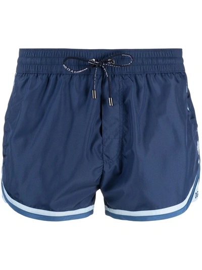 Dolce & Gabbana Short Swim Trunks With Contrasting-colored Trims In Blue