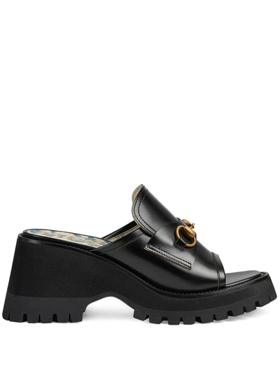 Gucci Women's Mid-heel Slide Sandal With Horsebit In Black Leather