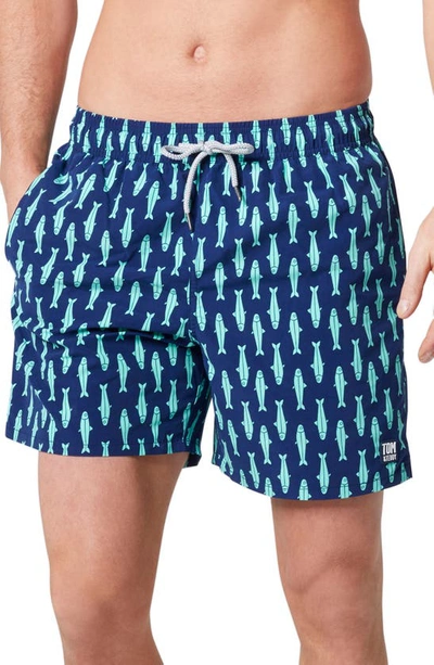 Tom & Teddy Sardine Print Swim Trunks In Blue