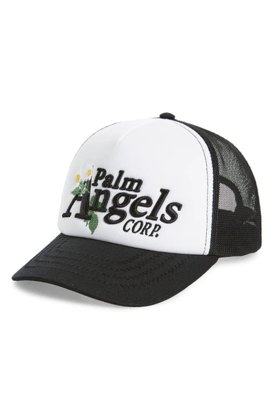 Palm Angels Daisy Logo Embroidered Trucker Hat In Black White