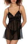 In Bloom By Jonquil Heidi Babydoll Chemise & Thong In Black