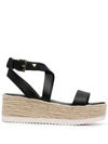 Michael Michael Kors Lowry Platform Wedge Espadrille Sandals In Black Leather/ Jute