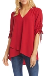 Karen Kane Ruched Sleeve Asymmetrical Blouse In Red