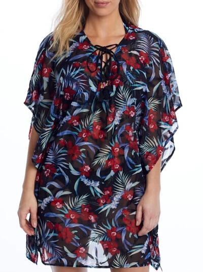 Tommy Bahama Midnight Orchid Lace-up Floral Coverup Tunic In Black