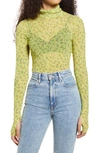 Afrm Zadie Semi Sheer Turtleneck In Buttercup Ditsy