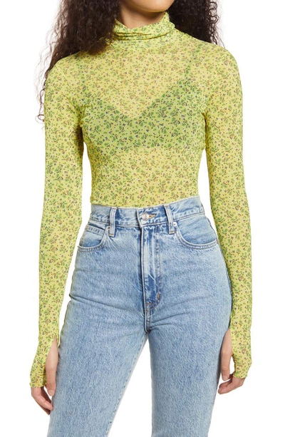 Afrm Zadie Semi Sheer Turtleneck In Buttercup Ditsy