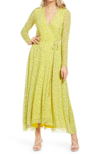 Afrm Wyatt Floral Long Sleeve Midi Wrap Dress In Yellow
