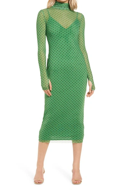 Afrm Shailene Sheer Long Sleeve Dress In Vert Polka Dot