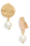 Karine Sultan Hammered Disc Imitation Pearl Clip-on Drop Earrings In Gold