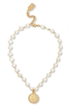 Karine Sultan Freshwater Pearl Station Medallion Necklace In Gold