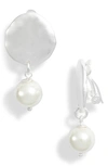Karine Sultan Hammered Disc Imitation Pearl Clip-on Drop Earrings In Silver