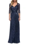 La Femme Ruched Sequin Column Gown In Navy