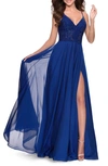 La Femme Sparkle Lace Chiffon Gown In Marine Blue