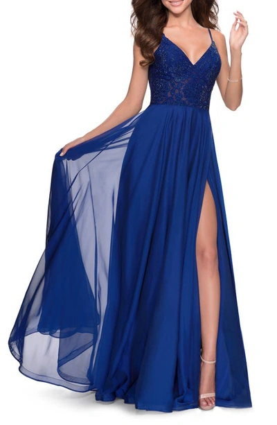 La Femme Sparkle Lace Chiffon Gown In Marine Blue