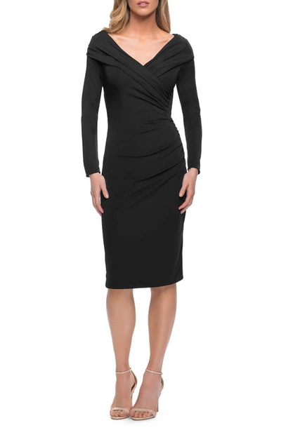 La Femme Long Sleeve Ruched Cocktail Dress In Black