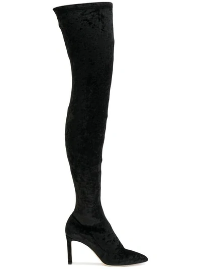 Jimmy Choo Lorraine 85 Crushed Stretch-velvet Over-the-knee Boots In Black