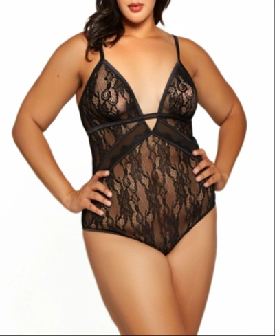 Icollection Plus Size Camellia All Over Lace And Fine Mesh Lingerie Teddy In Black