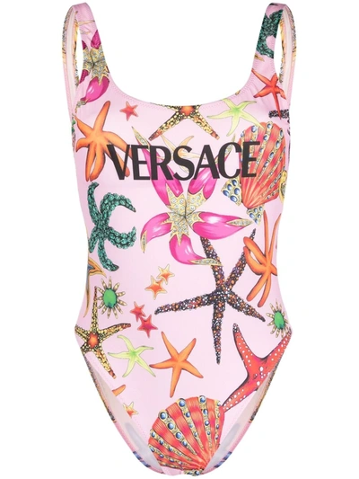 Versace Tresor De La Mer Print Lycra Swimsuit In Multicolor