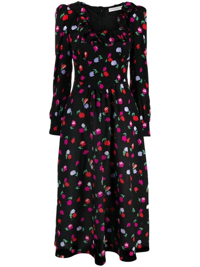 Alessandra Rich Floral Print Silk Dress With Ruffles In Multi