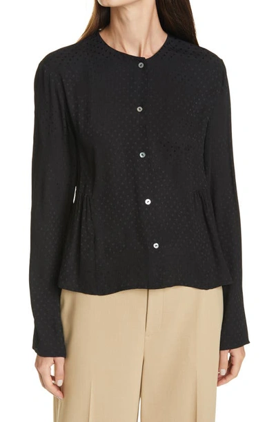 Vince Dot Jacquard Ruched Paneled Long Sleeve Silk Chiffon Blouse In Black