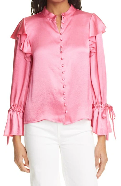 Alice And Olivia Brayden Ruffle Detail Long Sleeve Satin Blouse In Cal Pink