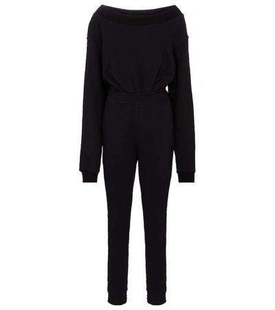 Rta Giovanni Off The Shoulder Long Sleeve Cotton Fleece Jogger Jumpsuit In Black