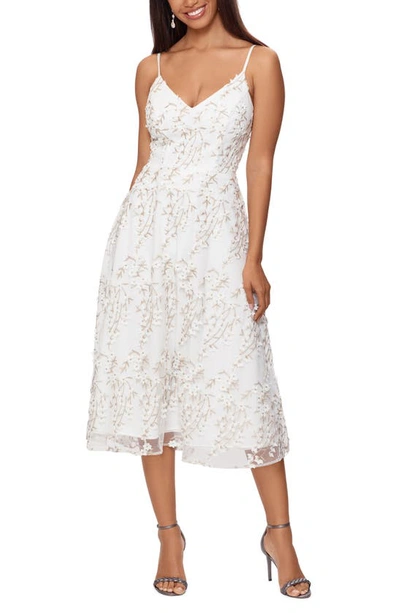 Xscape Metallic Floral Lace V-neck Cocktail Midi Dress In Ivory/gold