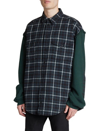 Balenciaga Men's Check Flannel Sport Shirt W/ Terry Sleeves In Green,black