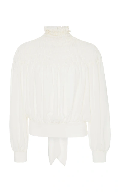Frame Smocked Tieback Long-sleeve Chiffon Blouse In Off White