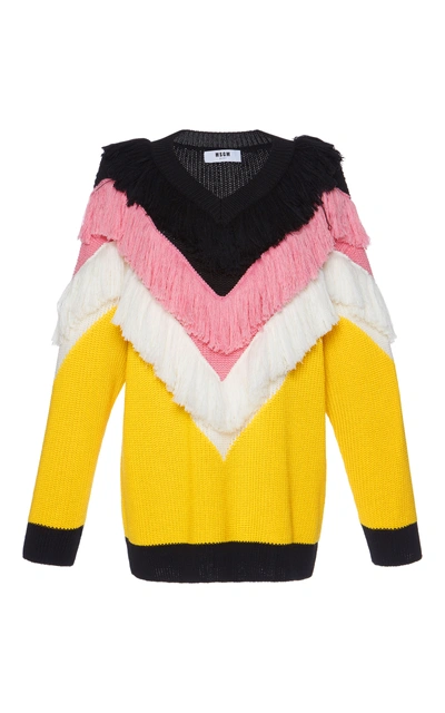 Msgm Chevron Fringed Wool Sweater In Yellow