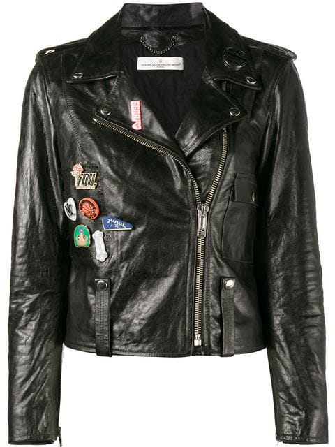 Golden Goose Badge Emblazoned Leather Jacket In Black | ModeSens